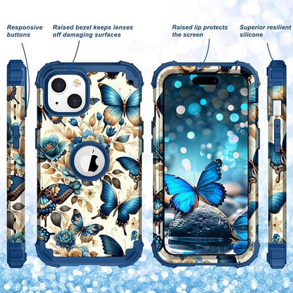 Hocase for iPhone 15 Plus Case, Heavy Duty Shockproof Protection Soft Silicone Rubber Bumper+Hard Plastic Hybrid Protective Case for iPhone 15 Plus 6.7" 2023 - Blue Butterflies