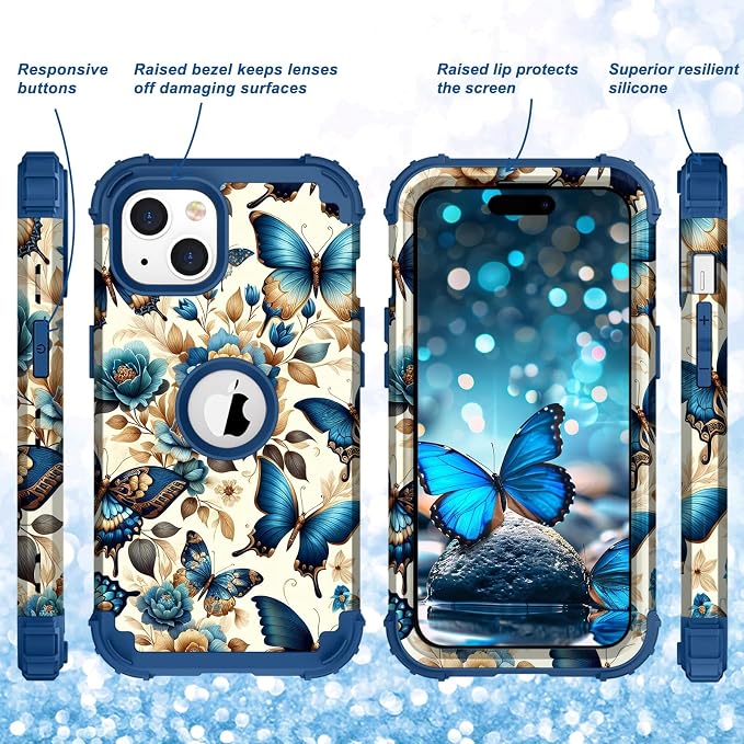 Hocase for iPhone 15 Case, Heavy Duty Shockproof Protection Soft Silicone Rubber Bumper+Hard Plastic Hybrid Protective Case for iPhone 15 (6.1" Display) 2023 - Blue Butterflies