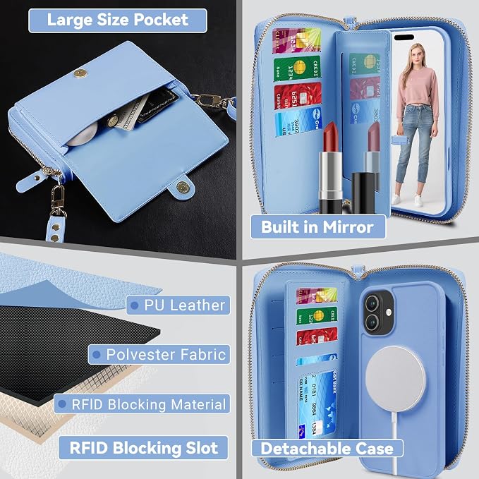 Lacass for iPhone 17 Detachable Crossbody Wallet Case, Compatible with MagSafe Magnetic 2 in 1 RFID Blocking PU Leather Wallet Cover Card Holder Zipper Make Up Mirror (Blue)