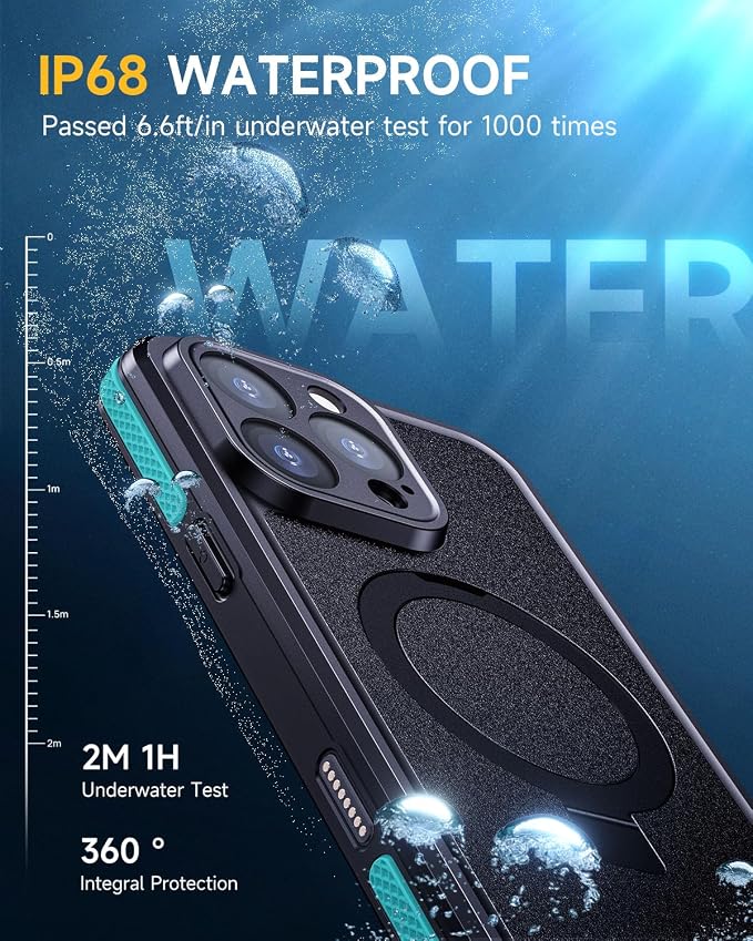 Lanhiem Magnetic for iPhone 16 Pro Max Waterproof Case, Dustproof Case Built-in Screen Protector, [Fit for MagSafe] [Invisible Stand] Shockproof Heavy Duty Underwater Case for 16 Pro Max (Light Blue)