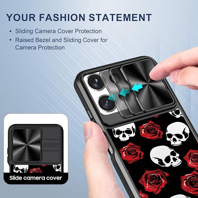 for Motorola Moto G Power 5G 2025 Case with Red Rose Skull, Metal Slide Camera Cover, Screen Protector, Anti-Peeping Privacy Safeguard, Camera Lens Protector Phone Case for Moto G Power 5G 2025