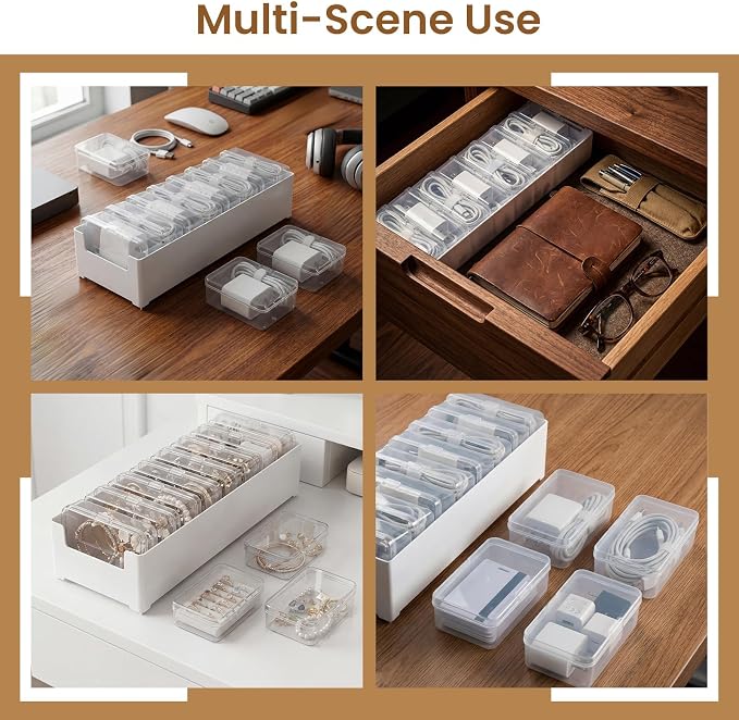 8 Individual Cable Organizer Boxes With Base, Cord Storage Organizer With Labels And Cable Straps For Charging Cables, Adapters, Earphones (8 pcs Individual Cable, 2 Pack)