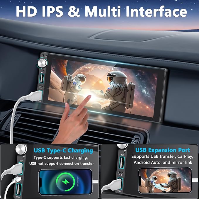 Single Din Car Stereo with Apple Carplay Android Auto,6.9 Inch IPS Touchscreen, 1 Din Car Audio Receivers wtih Bluetooth Handsfree/FM/AM/Dual USB/Type-C/EQ/SWC/GPS Navigation/Backup Camera/Microphone