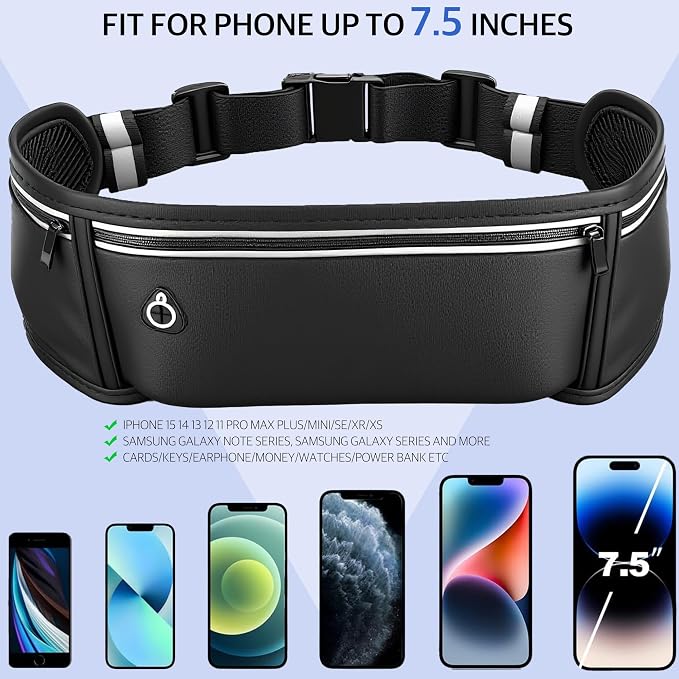 Running Belt for Phone – Adjustable Running Waist Pack with 3 Pockets Fits Up to 7.2 Inch Phones, Slim Running Fanny Pack for Men & Women Jogging Hiking Fitness
