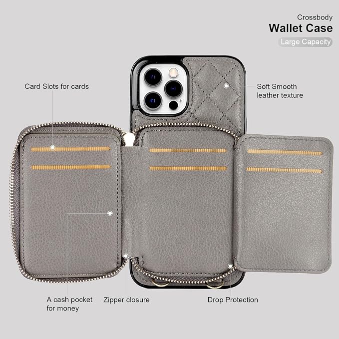Bocasal Crossbody Wallet Case for iPhone 12 Pro Max, RFID Blocking PU Leather Zipper Handbag Purse Flip Cover, Kickstand Folio Case with Card Slots Holder Wrist Strap Lanyard 5G 6.7 Inch (Grey)