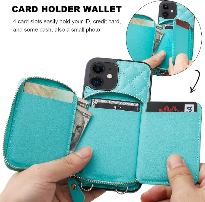 Bocasal Crossbody Wallet Case for iPhone 12/12 Pro, RFID Blocking PU Leather Zipper Handbag Purse Flip Cover, Kickstand Folio Case with Card Slots Holder Wrist Strap Lanyard 5G 6.1 Inch (Mint Green)