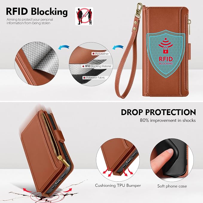 Antsturdy Compatible with iPhone 17 Pro Wallet Case Women,RFID Blocking PU Leather Phone Case Men Kickstand Flip Cover Wrist Strap Zipper Credit Card Holder Slots for Apple 17 Pro 6.3",Orange