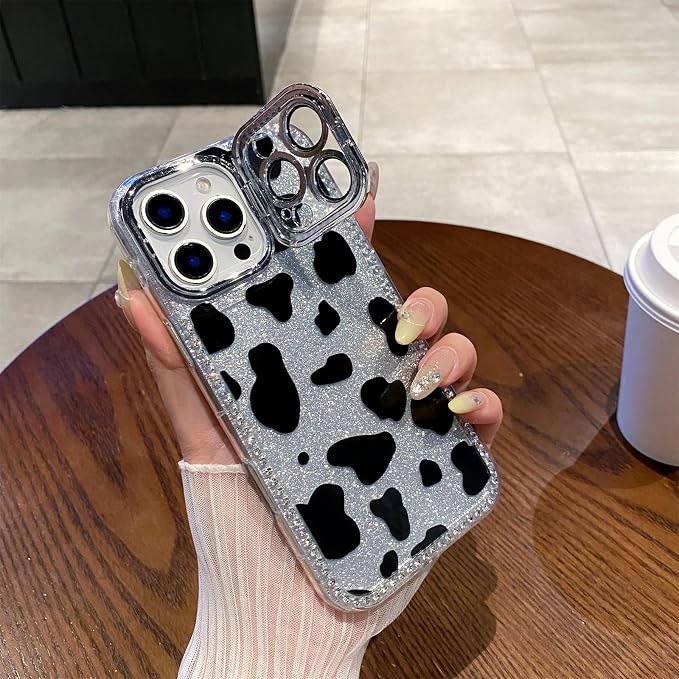 for iPhone 16 pro max Case Glitter Camera Lens Protector Phone Case for Women Girls Aesthetic Design TPU Shockproof Protective Case (Cow)