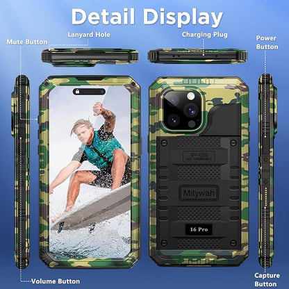 Mitywah Waterproof Case for iPhone 16 Pro, Shockproof Heavy Duty Case with Built-in Screen Protector, Underwater Full Body Protective Metal Case 6.3 inch, Camouflage