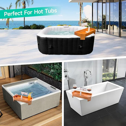 POOLCOMFT Bamboo Hot Tub Tray Table with Adjustable Nonslip Phone Holder, Bath Table Tray Drink Holder for Spa Bathtub, Hot Tub Accessories for Adults, Relaxing Must Have Bath Caddy