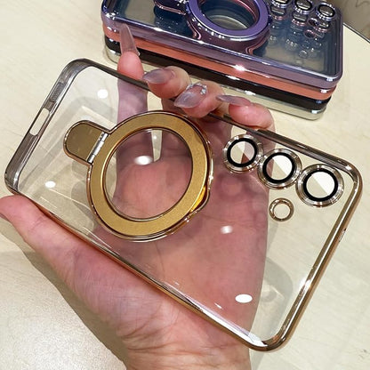 Magnetic Case for Samsung Galaxy S24 Case Stand & Ring Holder Compatible with MagSafe Built-in Camera Lens Protector Shockproof Phone Case for Samsung S24 - Gold