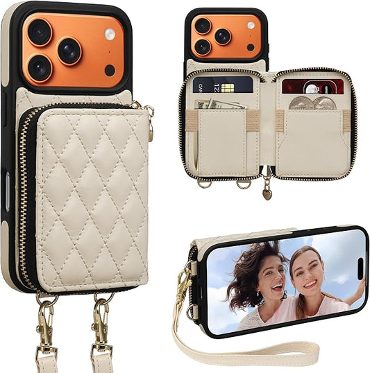 Keallce Case for iPhone 17 Pro 6.3'' Wallet Case, Crossbody Zipper Purse with Wrist Strap Lanyard Handbag, RFID Blocking Card Holders, Kickstand Flip Leather Cover for iPhone 17 Pro, Beige