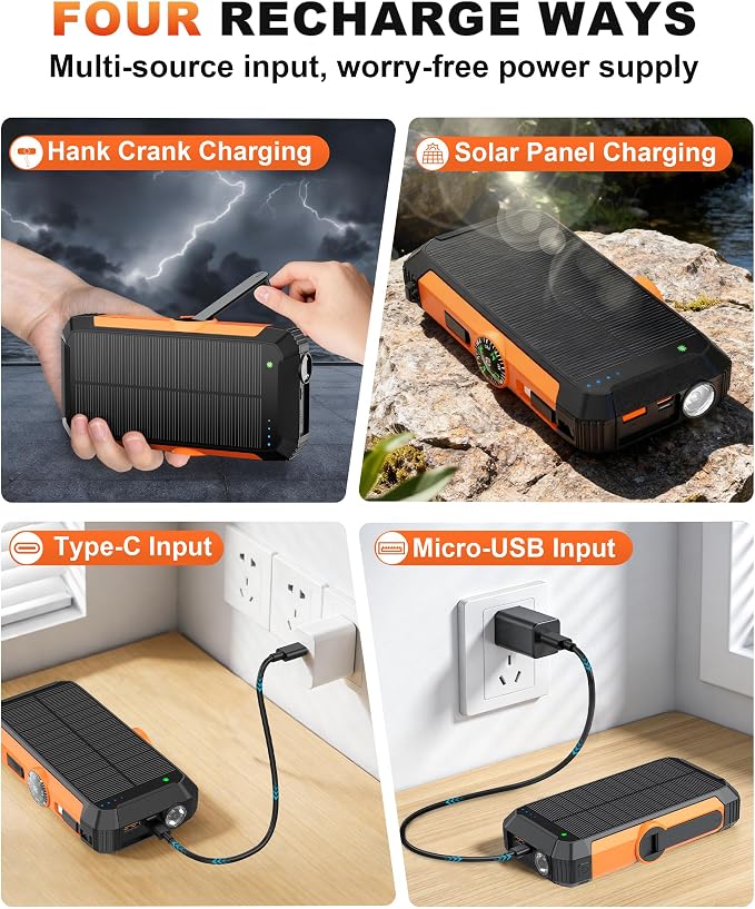Solar Power Bank with Hand Crank and Retractable Cables, 20000mAh Wireless Portable Charger with USB-C & Camping Light, 25W Fast Charging Battery Pack for iPhone, iPad, Samsung, All Mobile Phones