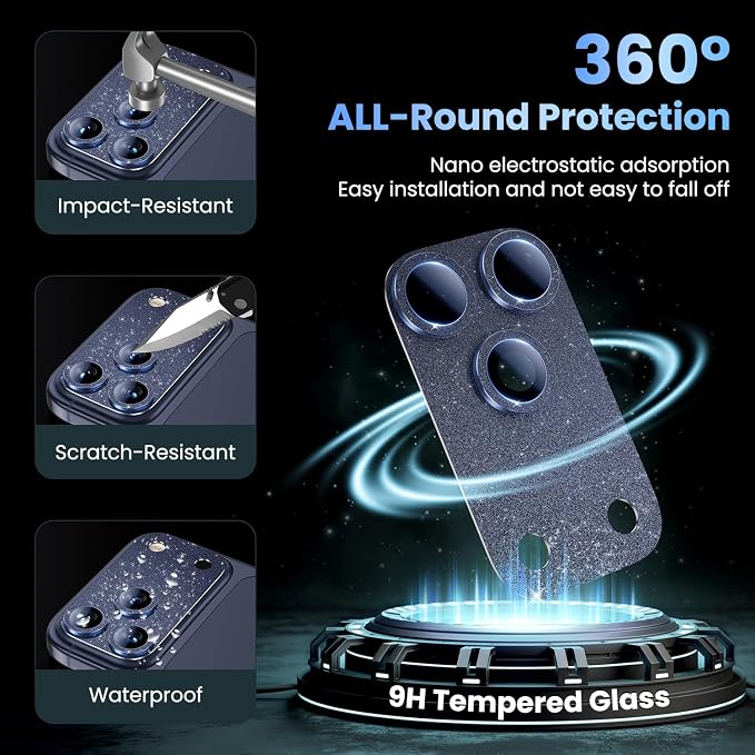 Uyiton for iPhone 17-Pro-Max Camera-Lens Protector: Bling [Not Easy to Break][Strong Adsorption][Case-Friendly] Metal Tempered Glass Rear Camera Screen Cover - Glitter Blue