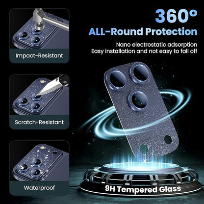 Uyiton for iPhone 17-Pro-Max Camera-Lens Protector: Bling [Not Easy to Break][Strong Adsorption][Case-Friendly] Metal Tempered Glass Rear Camera Screen Cover - Glitter Blue