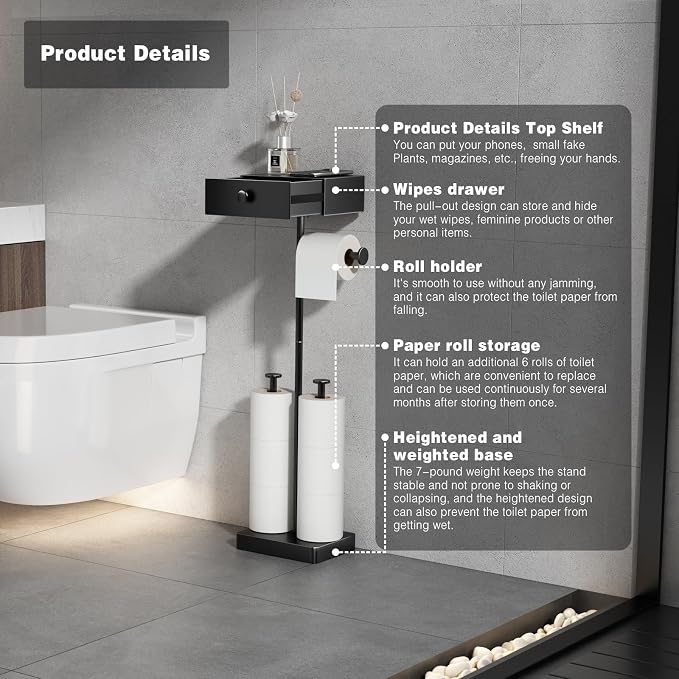 VOLDRA Toilet Paper Holder Stand with Shelf, Free Standing Black Toilet Paper Roll Holder with Wipes Storage Drawer Heavy Duty Floor Bathroom Tissue Holder Freestanding No Drill Tp Holder for 7 Rolls