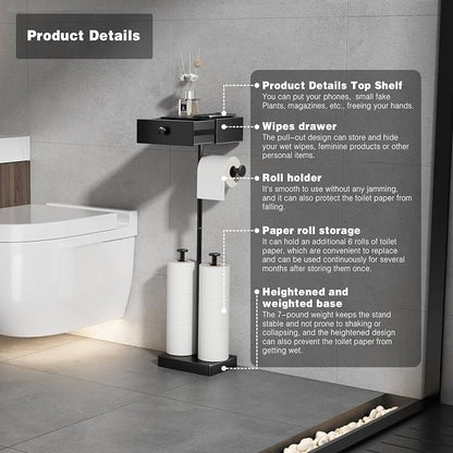 VOLDRA Toilet Paper Holder Stand with Shelf, Free Standing Black Toilet Paper Roll Holder with Wipes Storage Drawer Heavy Duty Floor Bathroom Tissue Holder Freestanding No Drill Tp Holder for 7 Rolls