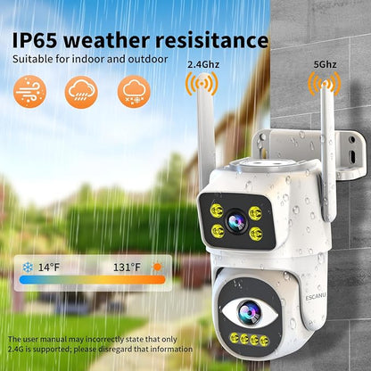 Dual Lens Security Camera Outdoor,WiFi Camera for Home Security,Home Survaillance Outdoor,PTZ,2-Way Audio, Auto Tracking,Night Vision,24/7 Continous Record,IP65 Weather Proof