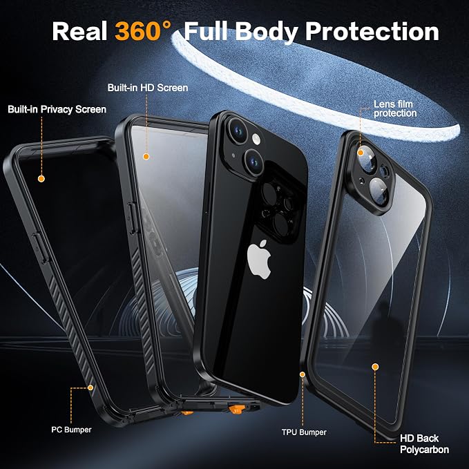 for iPhone 15 Case Waterproof - Built-in Privacy Screen Protector & HD Screen Protector [IP68 Underwater] Shockproof Dustproof Full Body Protection iPhone 15 Phone Case Black