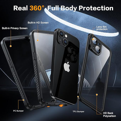 for iPhone 15 Case Waterproof - Built-in Privacy Screen Protector & HD Screen Protector [IP68 Underwater] Shockproof Dustproof Full Body Protection iPhone 15 Phone Case Black