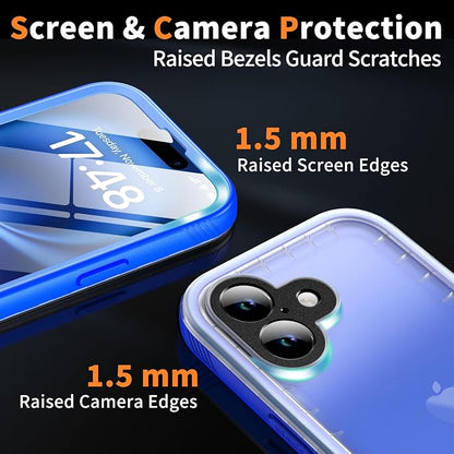 Cozycase for iPhone 16 Case Waterproof - 360 Heavy Duty with Screen/Camera Protector Shockproof IP68 Underwater Dustproof Water Dust Shock Proof Full Body/Front and Back Case Blue/Frosted Clear