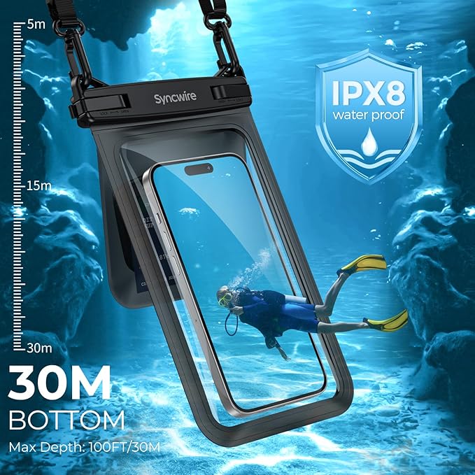 SYNCWIRE Waterproof Phone Case, 2-Pack IPX8 Double Space Waterproof Phone Pouch for iPhone 15 14 13 12 Pro Max XR X SE 2022 8 Samsung S24 S23 S22 Ultra S21 Phones Under 8.5 Inch - Black
