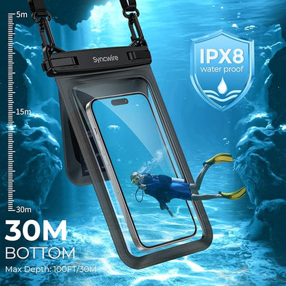 SYNCWIRE Waterproof Phone Case, 2-Pack IPX8 Double Space Waterproof Phone Pouch for iPhone 15 14 13 12 Pro Max XR X SE 2022 8 Samsung S24 S23 S22 Ultra S21 Phones Under 8.5 Inch - Black