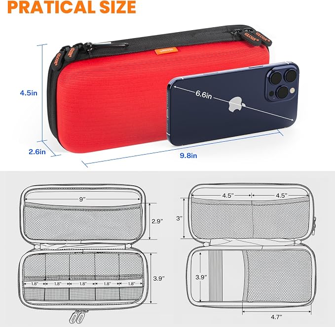 Red Double-Layer Hard Carrying Case, Electronics Organizer Travel Pouch | Multi-Pocket Zipper Tech Bag for Charger, Power Bank, Phone, USB Flash Drive, Cord, Cable