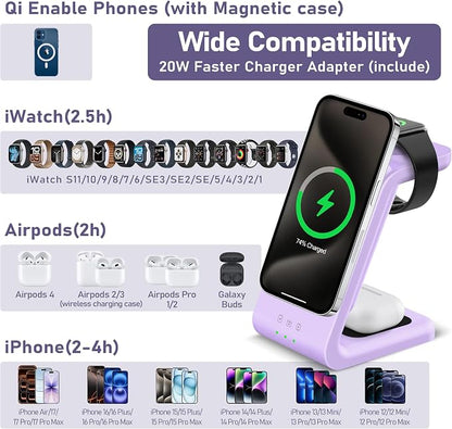 3 in 1 Wireless Charging Station: 5000mAh Removable Power Bank Charger Stand for Phone/Watch/Air Pods - Portable Magnetic Battery Pack for Air 17 16 15 14 13 12 Series Purple