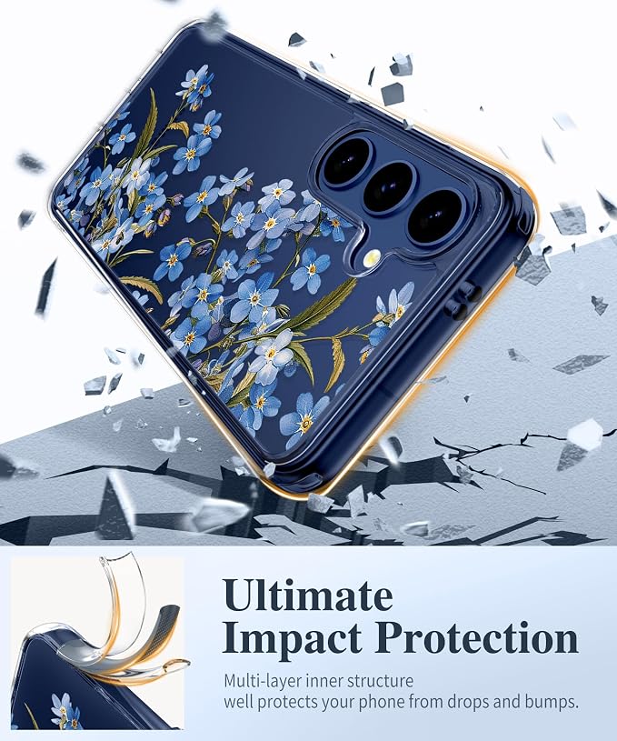 GVIEWIN for Samsung Galaxy S25 Plus Case, Clear Floral Slim Shockproof Protective Women Phone Case, Non-Yellowing, with Screen Protector & Camera Lens Protector for S25 Plus 6.7", Aconite/Blue