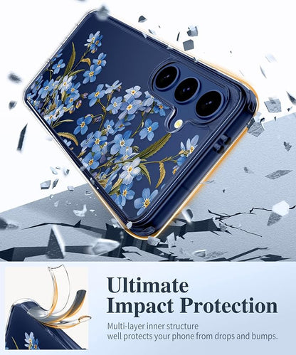 GVIEWIN for Samsung Galaxy S25 Plus Case, Clear Floral Slim Shockproof Protective Women Phone Case, Non-Yellowing, with Screen Protector & Camera Lens Protector for S25 Plus 6.7", Aconite/Blue
