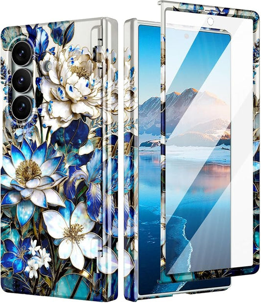 Btscase for Samsung Galaxy Z Fold 7 Case,Built in Front Screen Protector,Gold Glitter Marble Pattern Hard PC Slim Shockproof Full Body Drop Protective Case for Galaxy Z Fold 7 5G, Blue Floral