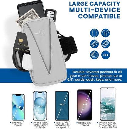 HiRui Cell Phone Holder Arm Bag & Wrist Bag for Phone, Sports Running Armband for Gym & Cycling, Compatible with iPhone 17/17Pro/Plus/16/15 Samsung Galaxy All Phones, Reflective & Adjustable (Gray)