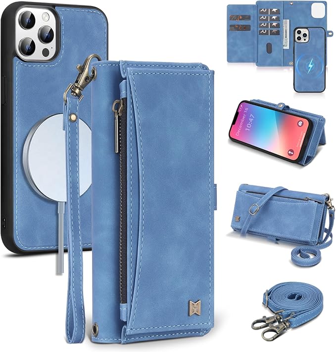 Wallet Case for iPhone 13 Pro Max with Card Holder/Crossbody Wallet/Strap| RFID Blocking | Magnetic | Kickstand | Detachable | PU Leather Phone Case for iPhone 13 Pro Max,6.7 in,Sky Blue