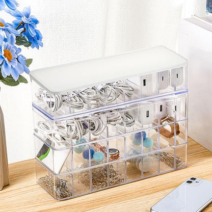 Tatuo 1 Pcs Cord Organizer for Drawer Desktop, Cable Organizer Box with 8 Compartments and Wire Ties, Plastic Charger Storage with Lid, Electronics Case for Home Office Accessories (Small,Clear,White)