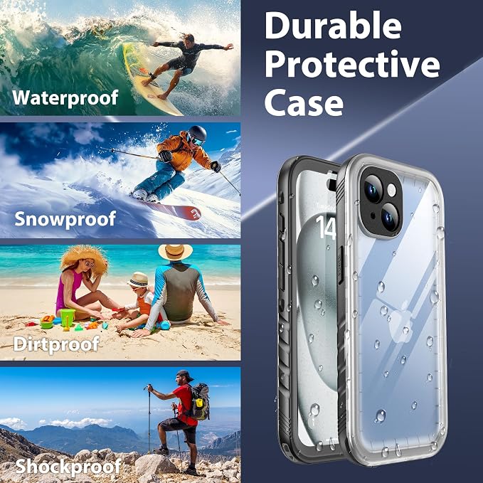 SPORTLINK Compatible with iPhone 15 Plus Waterproof Shockproof Case with Camera Screen Protector,Underwater, Dustproof, Dropproof,Rugged 360 Protective Military Grade 6.7Inch Black/Frosted Clear