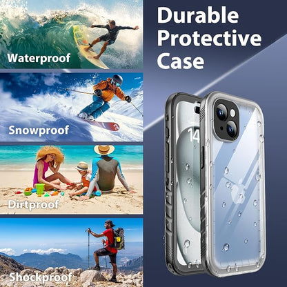 SPORTLINK Compatible with iPhone 15 Plus Waterproof Shockproof Case with Camera Screen Protector,Underwater, Dustproof, Dropproof,Rugged 360 Protective Military Grade 6.7Inch Black/Frosted Clear