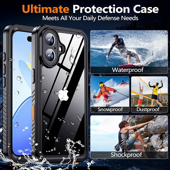 xiwxi for iPhone 16 Case Waterproof,[IP68 Underwater][Built-in Screen Protector & Camera Protector][15FT Military Dropproof][Dustproof] Full Body Shockproof Protective Phone Case 6.1" Black