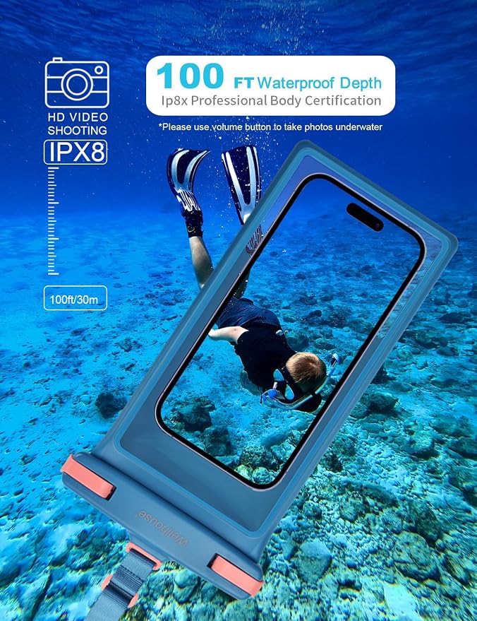 wellhouse Waterproof Phone Pouch, Waterproof Phone Case for iPhone 17 16 15 14 13 Pro Max XS Samsung, IPX8 3D Cellphone Dry Bag Beach Essentials (1 Pack - Blue8.0, 8 inch)