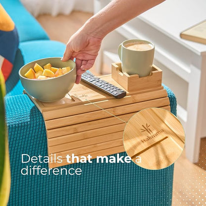 Couch Arm Tray Table with Cup Holder, No More Spills or Clutter, Bamboo Sofa Arm Tray for Drinks Snacks and Phone, Non Slip Foldable Couch Organizer