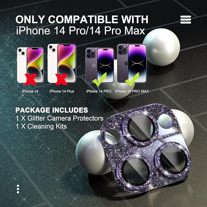 Choiche for iPhone 14 Pro/iPhone 14 Pro Max Camera Lens Protector, Bling Camera Cover with 9H Tempered Glass Lens Screen Protector Metal Ring Decoration Accessories (Glitter-Purple)