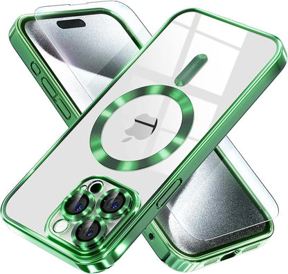 Misea Magnetic for iPhone 15 Pro Max Case with MagSafe [Never Yellowing] [Military Grade Drop Protection] Full Camera Lens Protector Plating Soft Clear Phone Case for Women Girls, Green