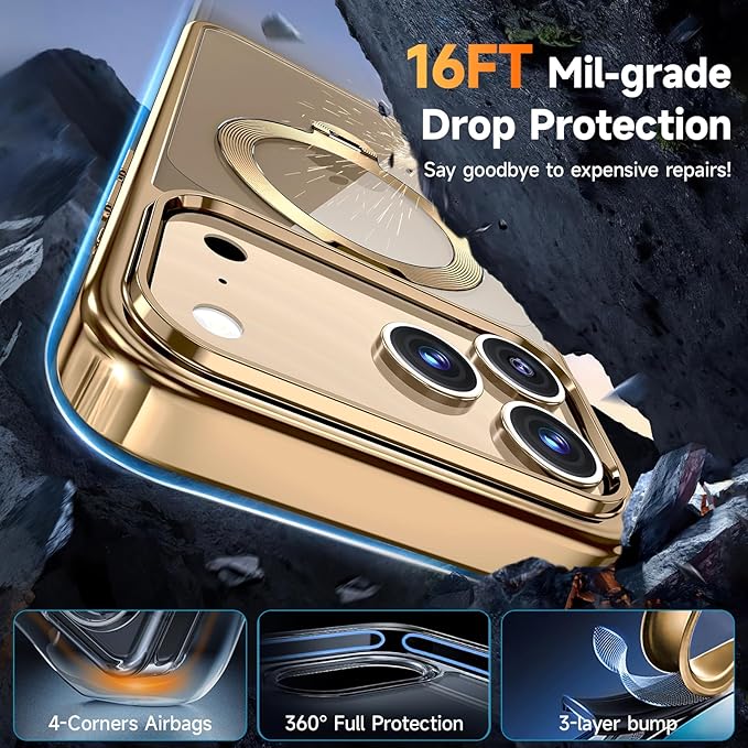 [Tri-Shield Protection] for iPhone 17 Pro Case with 360° Spin Stand Compatible with MagSafe [Magnetic CD Ring] [Screen & Camera Lens Protector] Shockproof Plating Never-Yellowing, Gold-6.3"