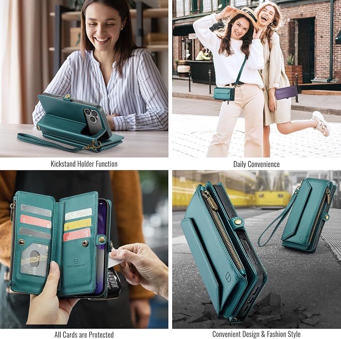 Strapurs Wallet Case Compatible with iPhone 17 Pro 6.3" RFID Blocking 9-Card Holder Soft PU Leather Magnetic Snap Shoulder Strap Zipper Pocket Phone Case Fit for iPhone 17 Pro for Women - Blue Green