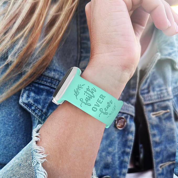 Faith Over Fear Watch Band compatible with Apple Watch Laser Engraved iWatch Band Silicone 38mm 40mm 41mm 42mm 44mm 45mm 49mm Strap Jesus Psalm Christian God (38/40/41/42mm M/L, Beryl)