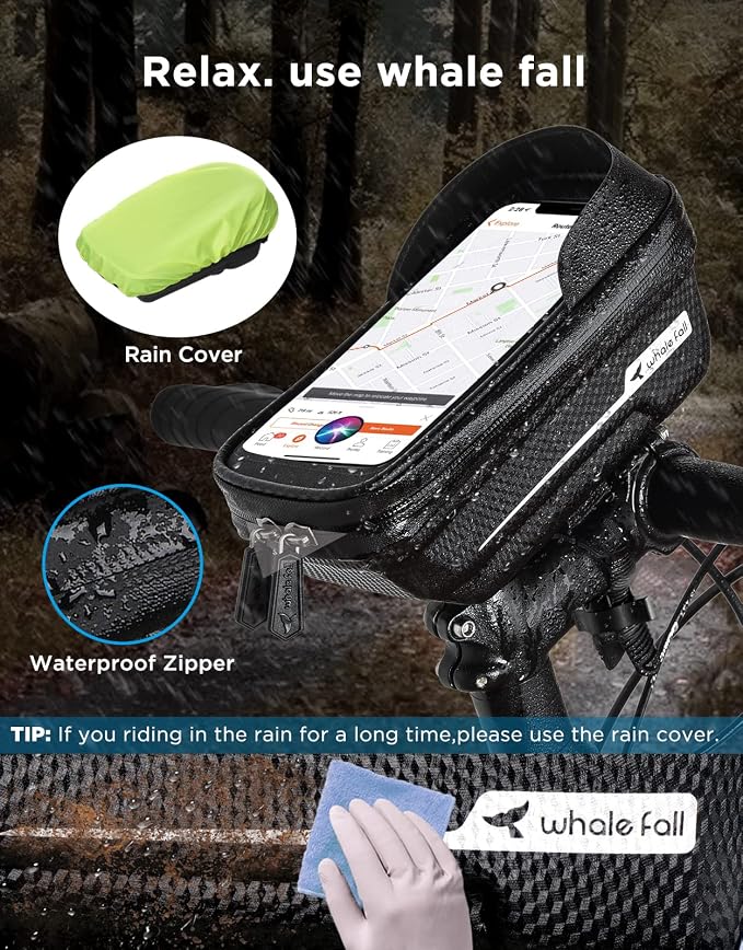 whale fall Waterproof Bike Frame Bag - [Quick Release] [Hard Shell] 2 in 1 Bike Phone Holder Mount, Bicycle Top Tube Bag with Sensitive Touchscreen, Bike Accessories for Phones Under 7"