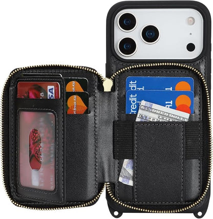 Crossbody Wallet Case for iPhone 17 Pro Max, PU Leather Zipper Handbag Purse Flip Cover, Kickstand Folio Case with Card Slots Holder Wrist Strap Lanyard 5G 6.9 Inch-Black