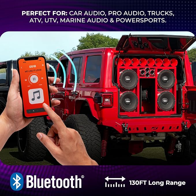 DS18 BTC-Five Bluetooth 5.3 Audio Receiver for Car, Marine & Powersports – Wireless RCA Adapter, 130ft Range, 3.3V Pre-Out, IP66 Water-Resistant, Auto Reconnect