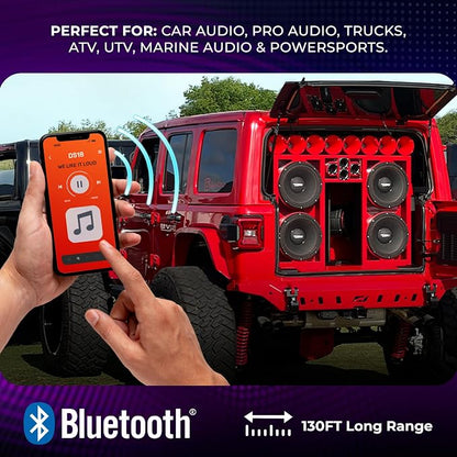 DS18 BTC-Five Bluetooth 5.3 Audio Receiver for Car, Marine & Powersports – Wireless RCA Adapter, 130ft Range, 3.3V Pre-Out, IP66 Water-Resistant, Auto Reconnect