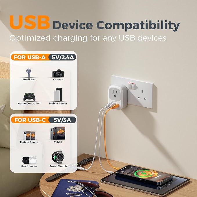 TESSAN US to UK Plug Adapter, Type‑G Adaptor 3‑Pack | 3 USB Ports (1 USB‑C), for Ireland Scotland Dubai Hong Kong Kenya London England